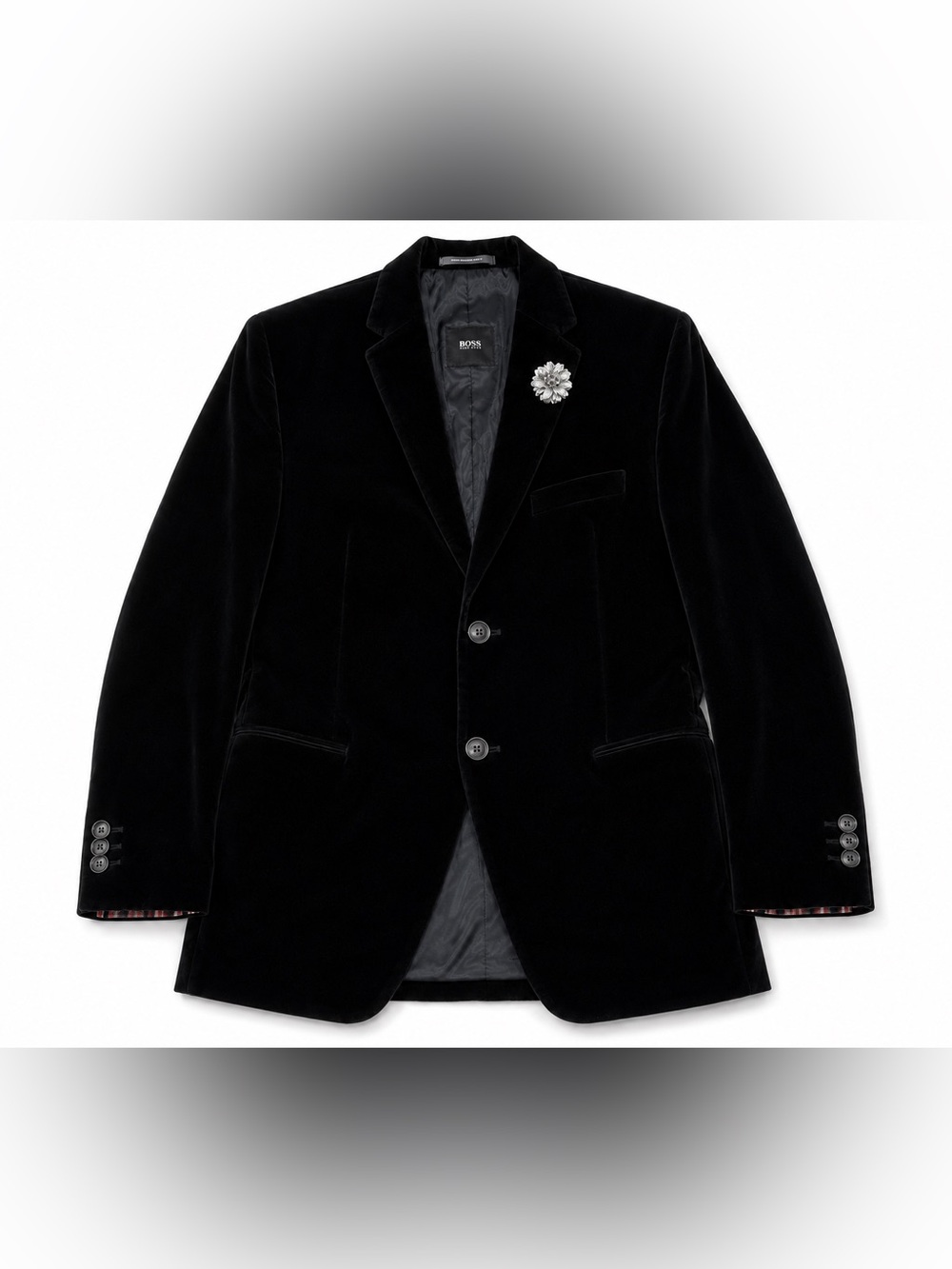 BOSS Hugo Boss Men’s 46R Black Velvet Blazer Jacket Striped Cuffs Lapel Pin